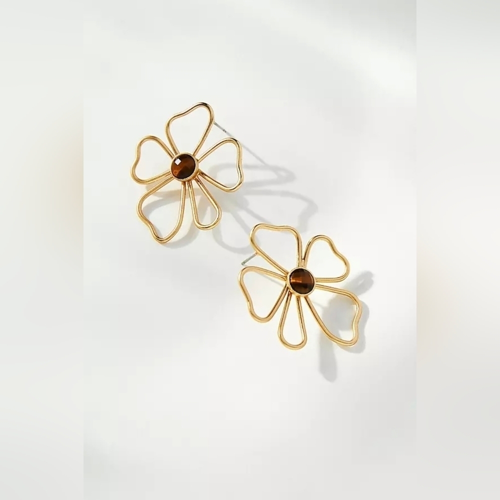 Anthropologie,  Abstract Floral Earrings, Gold Tone/Brown, NEW!